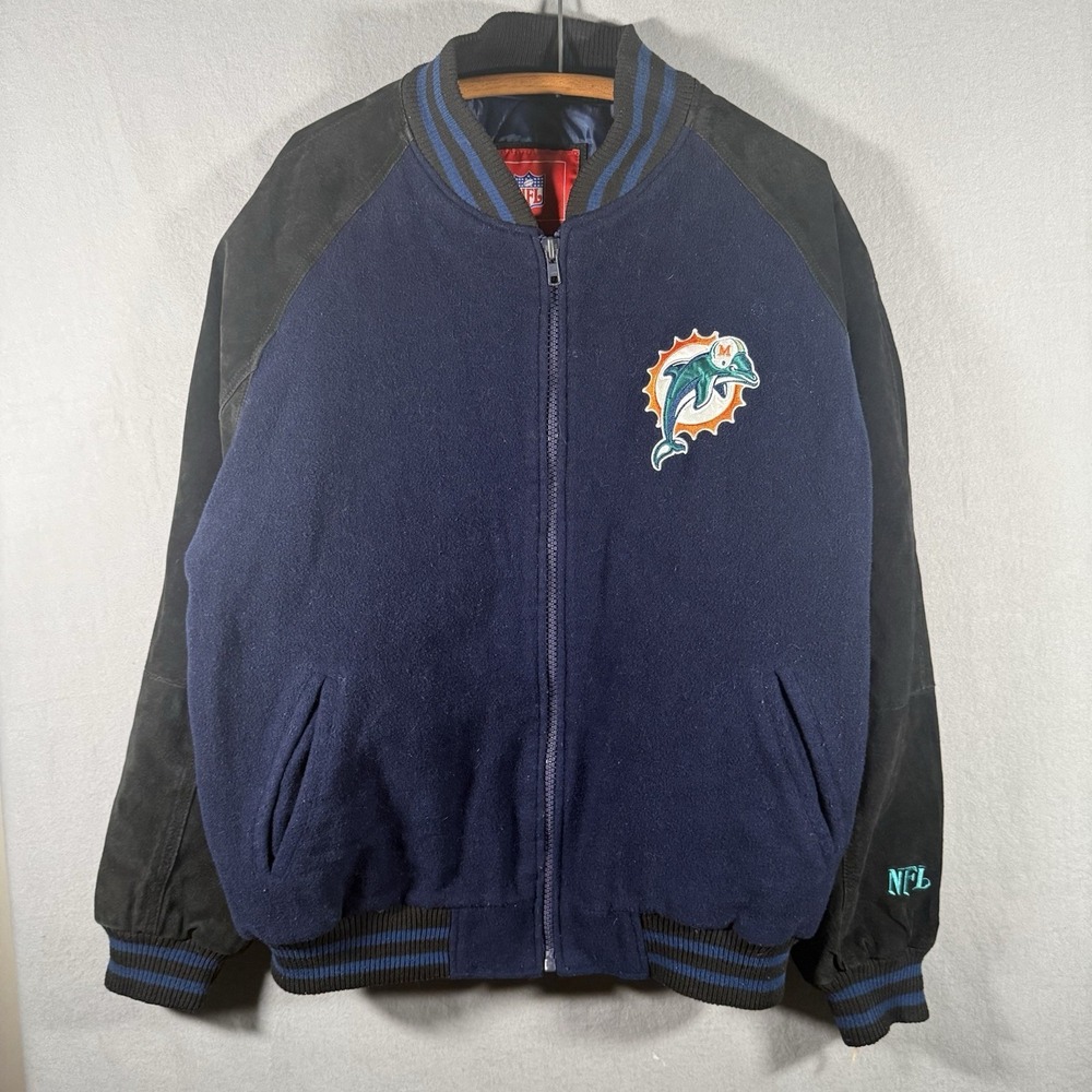 Vintage NFL Miami Dolphins‎ Jacket Mens Large Suede Leather Bomber Large
